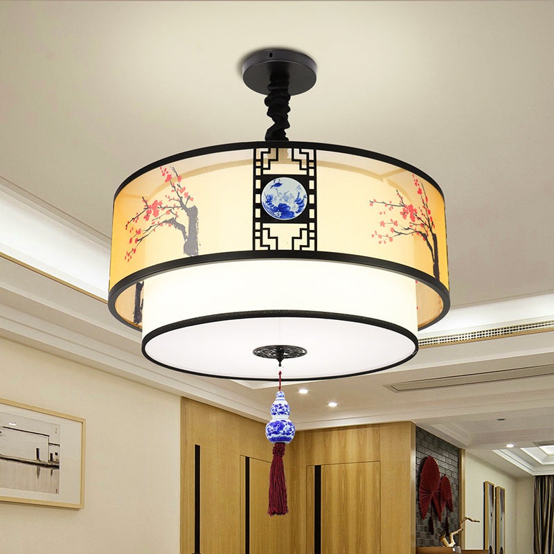 Traditional Chinese Round Bamboo Patterned Fabric Iron 3-Light Chandelier For Living Room