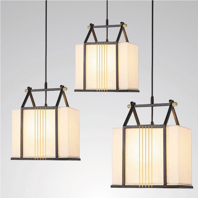 Traditional Chinese Square House Shape Fabric Iron 1-Light Pendant Light For Living Room