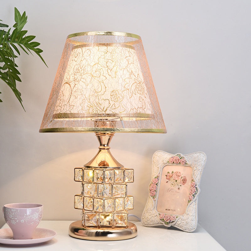 Traditional European Cone Lampshade Aluminum Crystal 1-Light Table Lamp For Bedroom