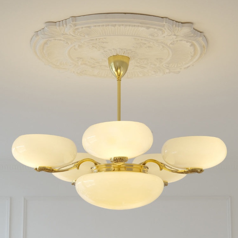 Traditional French Brass Frame Opal Glass Round Shade 3/5-Light Chandelier For Living Room