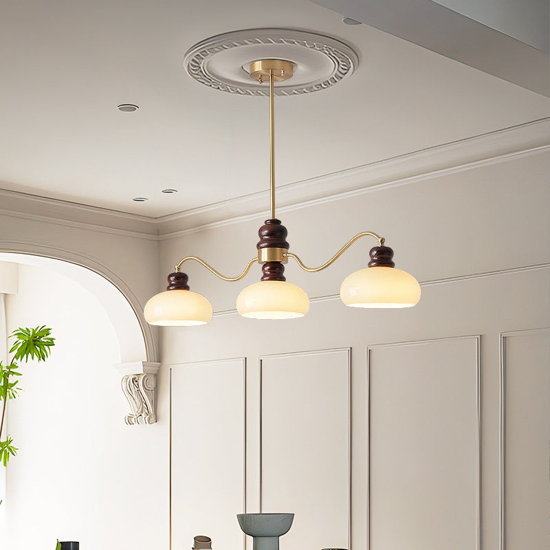 Traditional French Copper Glass Ash Wood Round 3/4 Light Chandeliers For Dining Room
