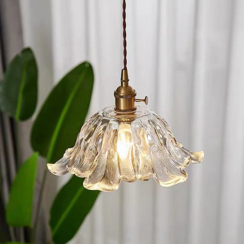 Traditional Japanese Flower Copper Glass 1-Light Pendant Light For Living Room