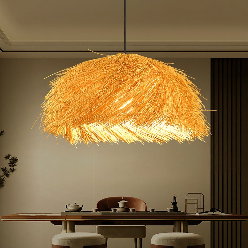 Traditional Japanese Hand-Woven Round Semi-Circle Bamboo 1-Light Pendant Light For Dining Room