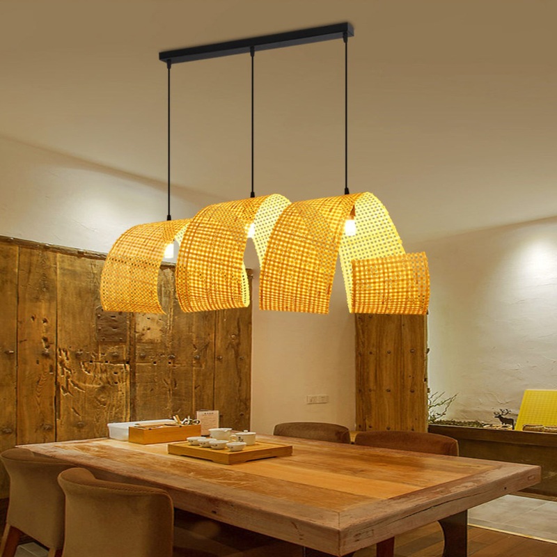 Traditional Japanese Rectangle Round Bamboo Woven 2/3 Light Island Light Chandelier For Dining Room
