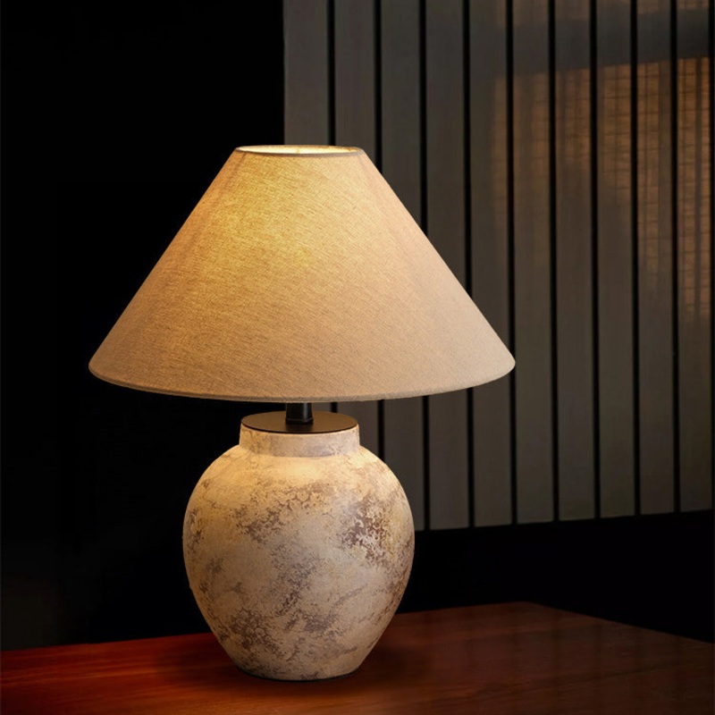 Traditional Vintage Handmade Ceramic Fabric Conic Pot 1-Light Table Lamp For Bedside