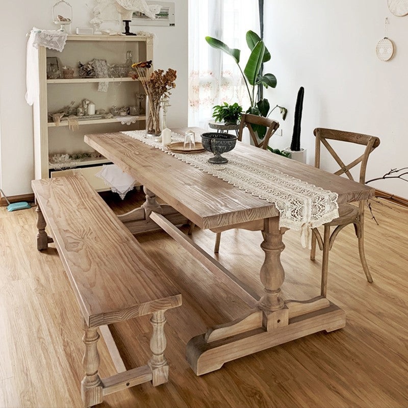 Traditional Vintage Solid Wood Rectangular Column Dining Table & Chair Set For 4/6 Seats