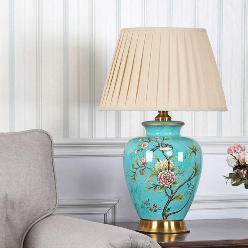 Traditional Chinese Cone Lampshade Ceramic Fabric Iron 1-Light Table Lamp For Living Room