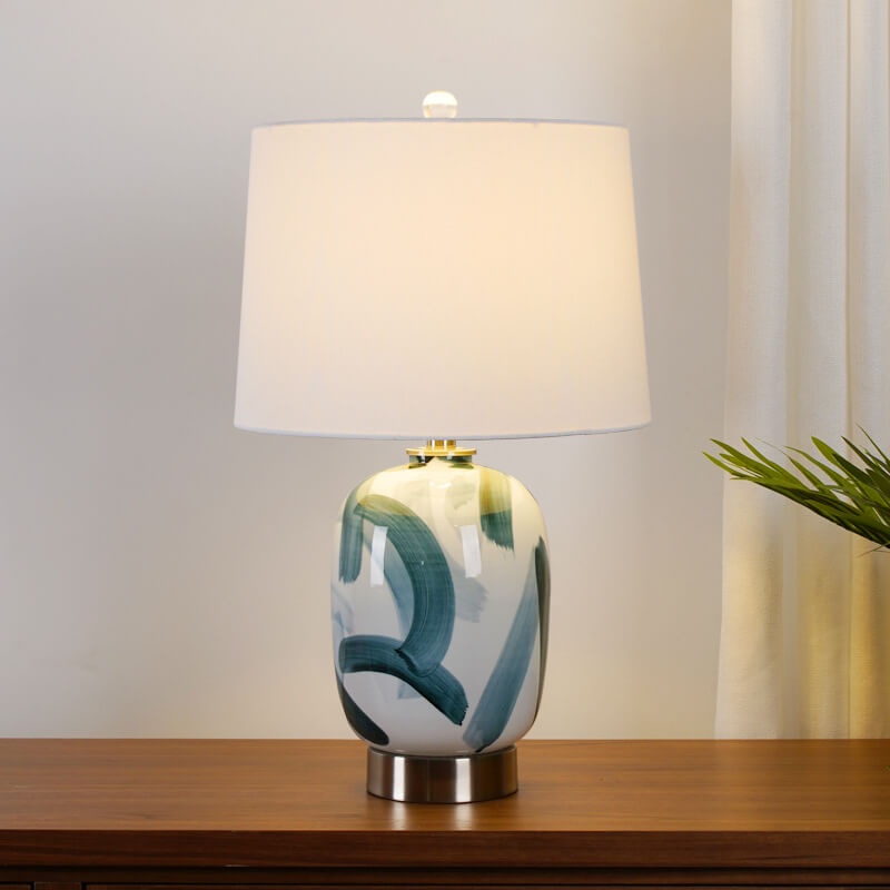 Vintage American Dome Fabric Shade Ink Ceramic Base 1-Light Table Lamp
