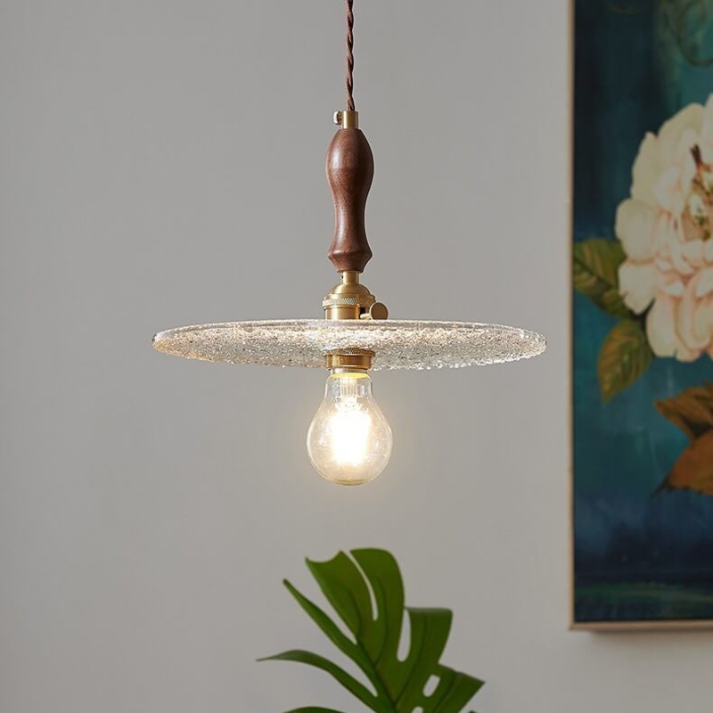 Japanese Frosted Glass Round Disc Walnut 1-Light Pendant Light