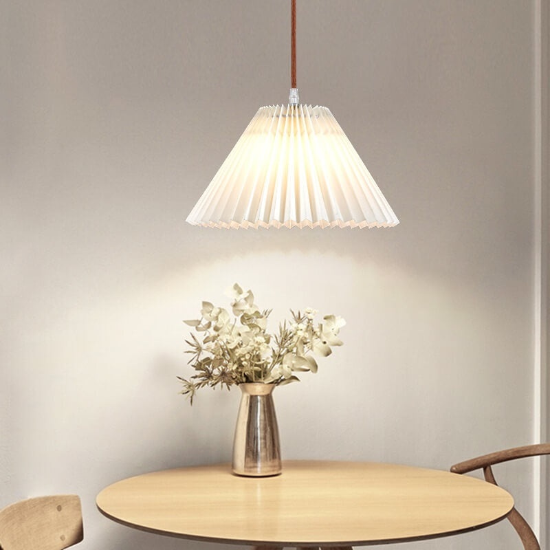 Japanese Minimalist Pleated Solid Wood Fabric 1-Light Pendant Light