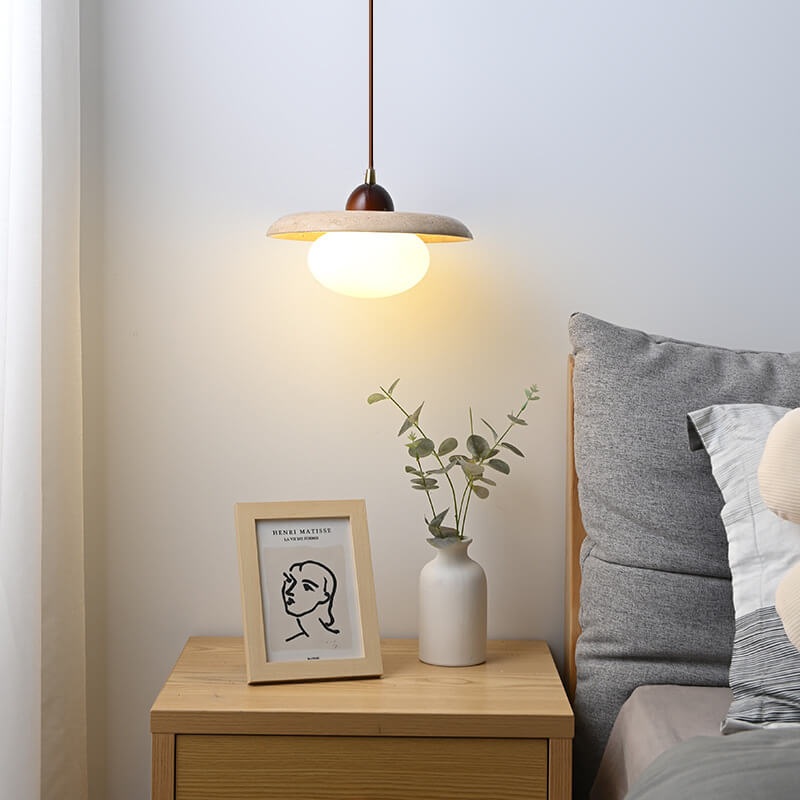Vintage Simple Glass Solid Wood Stone Round 1-Light Pendant Light