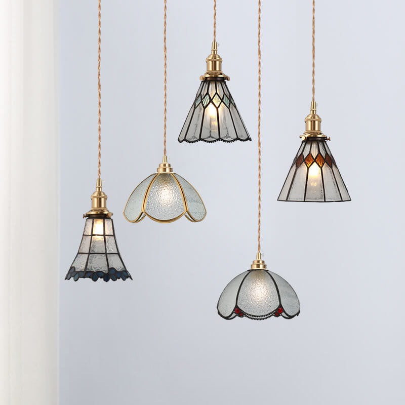 Japanese Vintage Brass Stained Glass Cone 1-Light Pendant Light