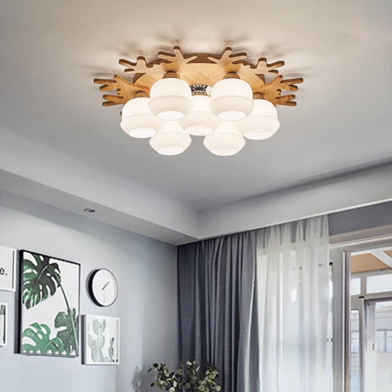 Nordic Solid Wood Antler Frosted Glass Round Shade 3/5/7 Light Flush Mount Ceiling Light