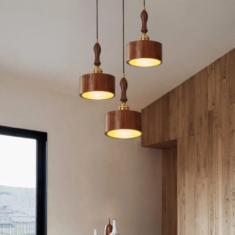 Japanese Brass Walnut Drum 1-Light Pendant Light