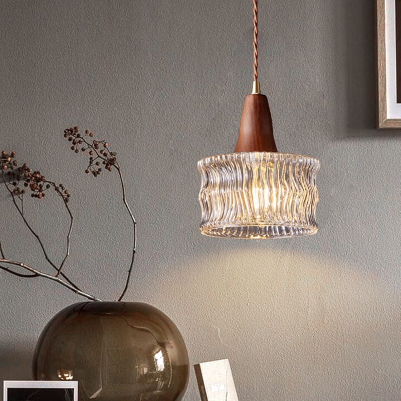 Nordic Vintage Glass Drum Jar Walnut Brass 1-Light Pendant Light