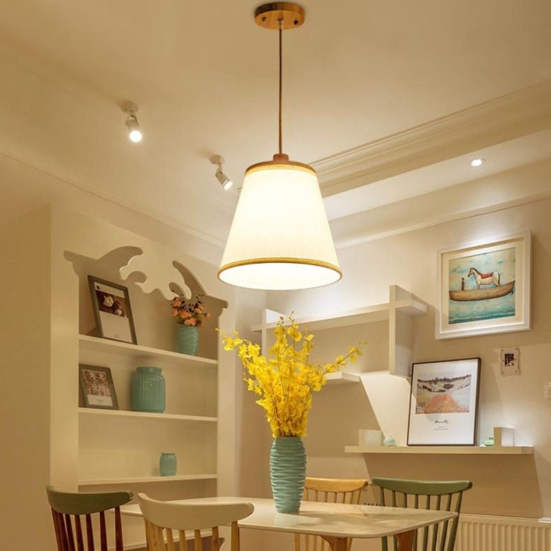 Nordic Minimalist Solid Wood Fabric Cone 1-Light Pendant Light