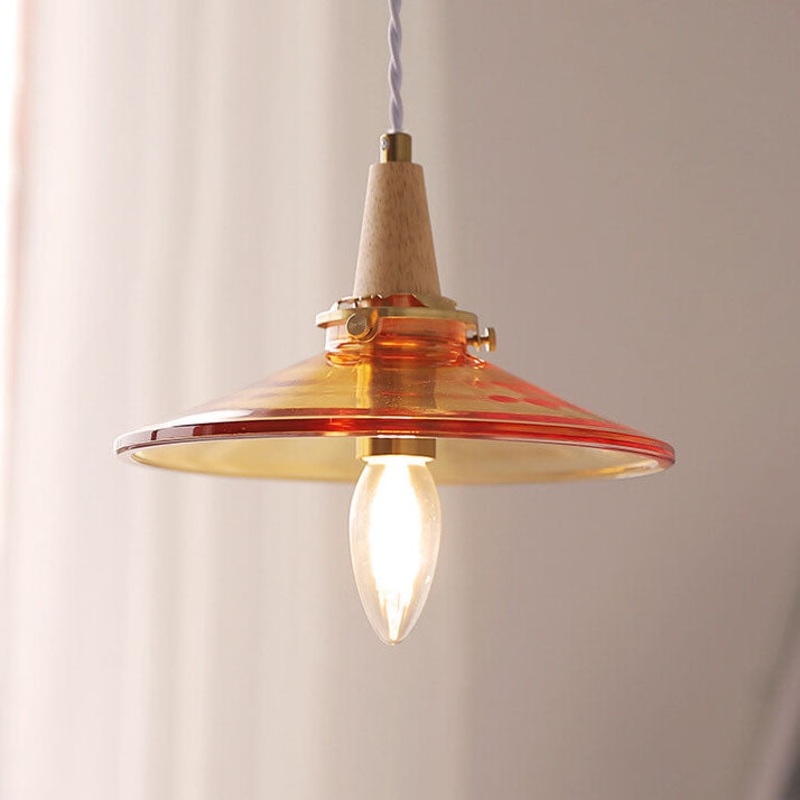 Vintage Orange Glass Cone Solid Wood 1-Light Pendant Light
