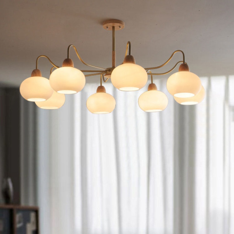 Nordic Japanese Glass Round Wood 3/6/8 Light Chandelier
