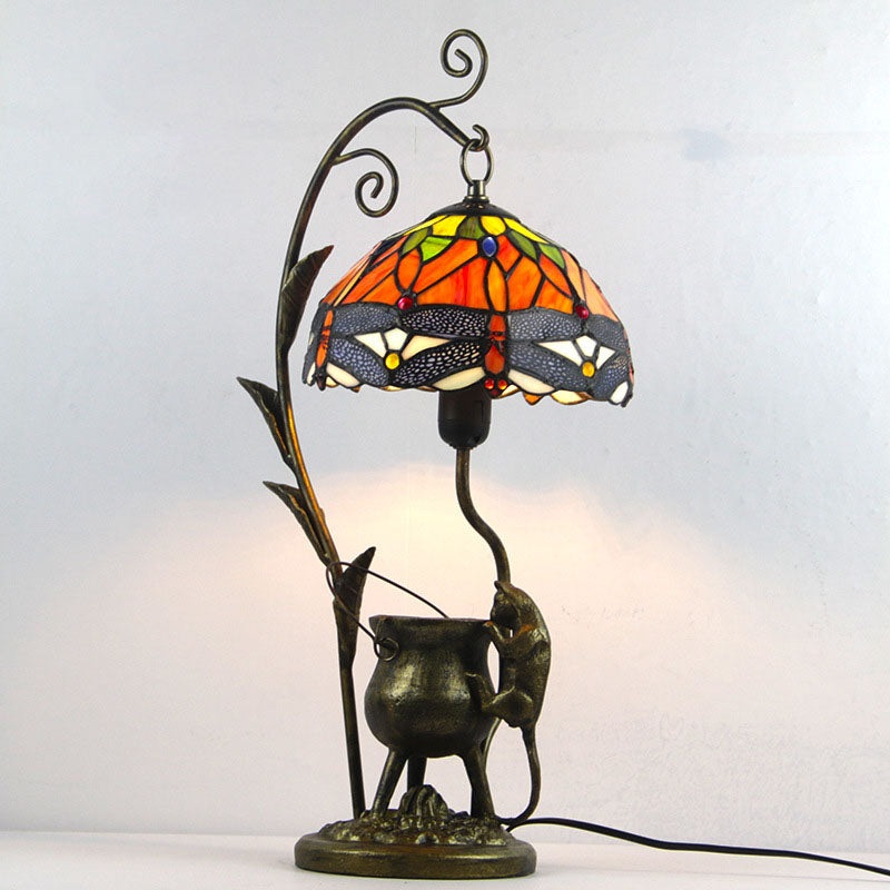 Vintage Tiffany Dome Stained Glass Mouse Base 1-Light Table Lamp