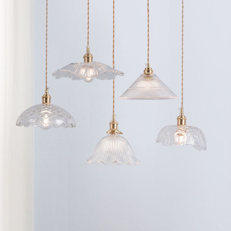 Nordic Vintage Clear Glass Flower Shape Brass 1-Light Pendant Light