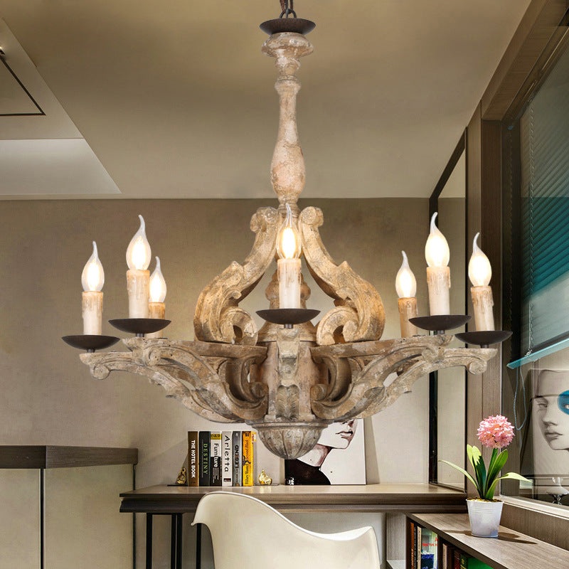 European Rustic Vintage Solid Wood 8-Light Chandelier