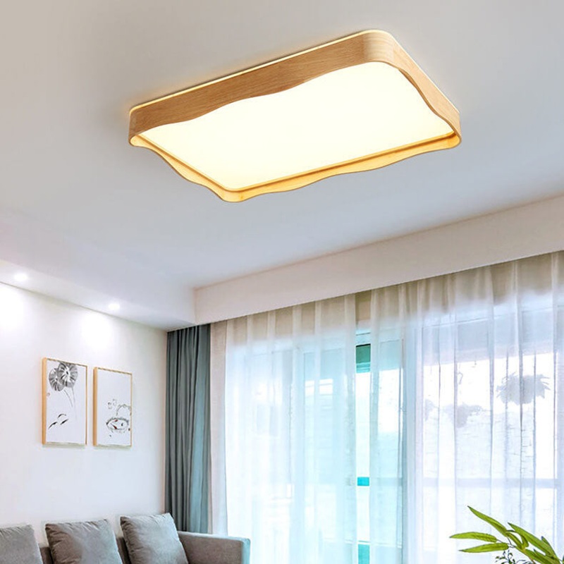 Modern Minimal Wave Rectangular Rubberwood Acrylic LED Flush Mount Lighting