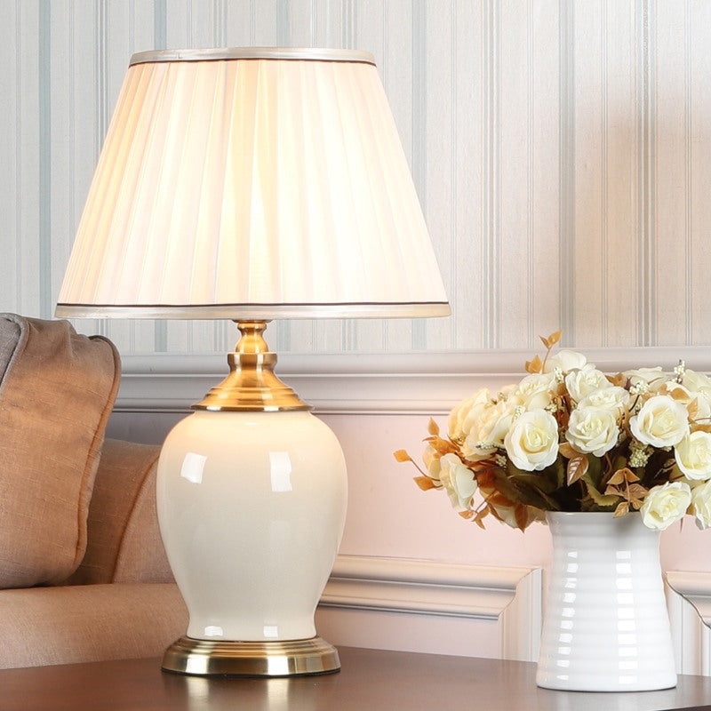 Contemporary Nordic Drum Ceramic Iron Fabric 1-Light Table Lamp For Living Room
