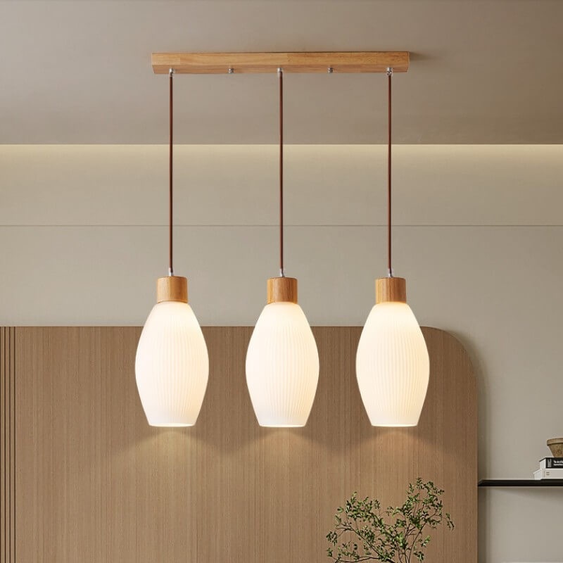 Minimalist Wood Stripes Glass Oval Jar 3-Light Island Light Chandelier