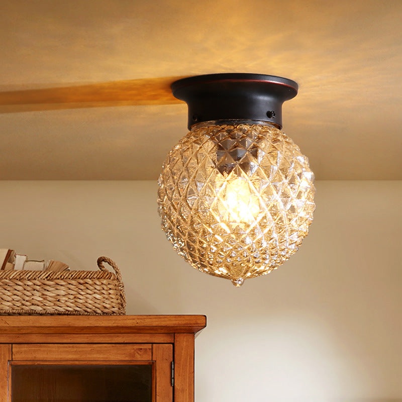 Traditional Vintage Globe Iron Glass 1-Light Semi-Flush Mount Ceiling Light For Living Room