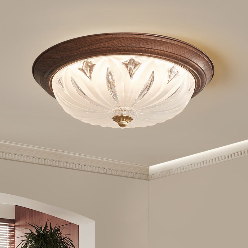 Traditional Vintage Round Wood Glass LED Flush Mount Ceiling Light For Living Room
