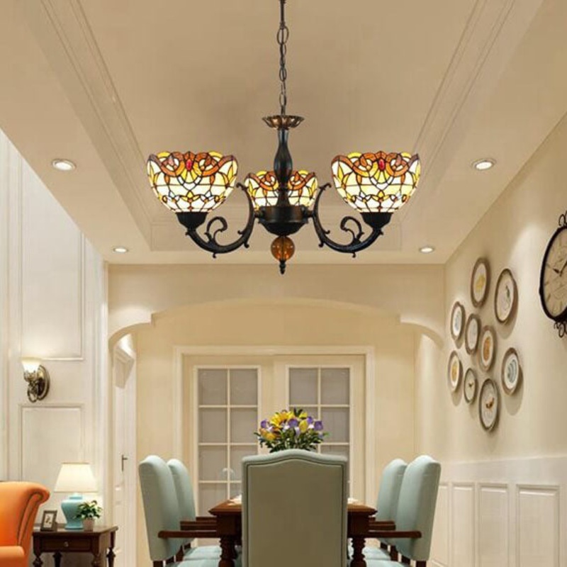 Vintage Tiffany Baroque Stained Glass 3-Light Chandelier