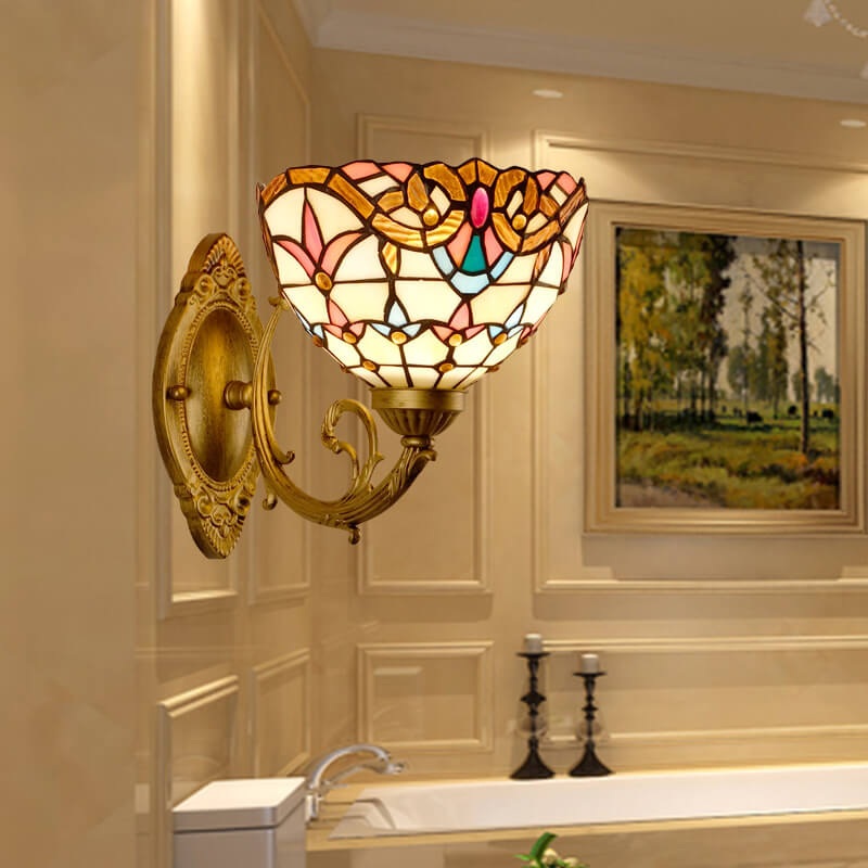 Vintage Tiffany Baroque Stained Glass Round 1-Light Wall Sconce Lamp