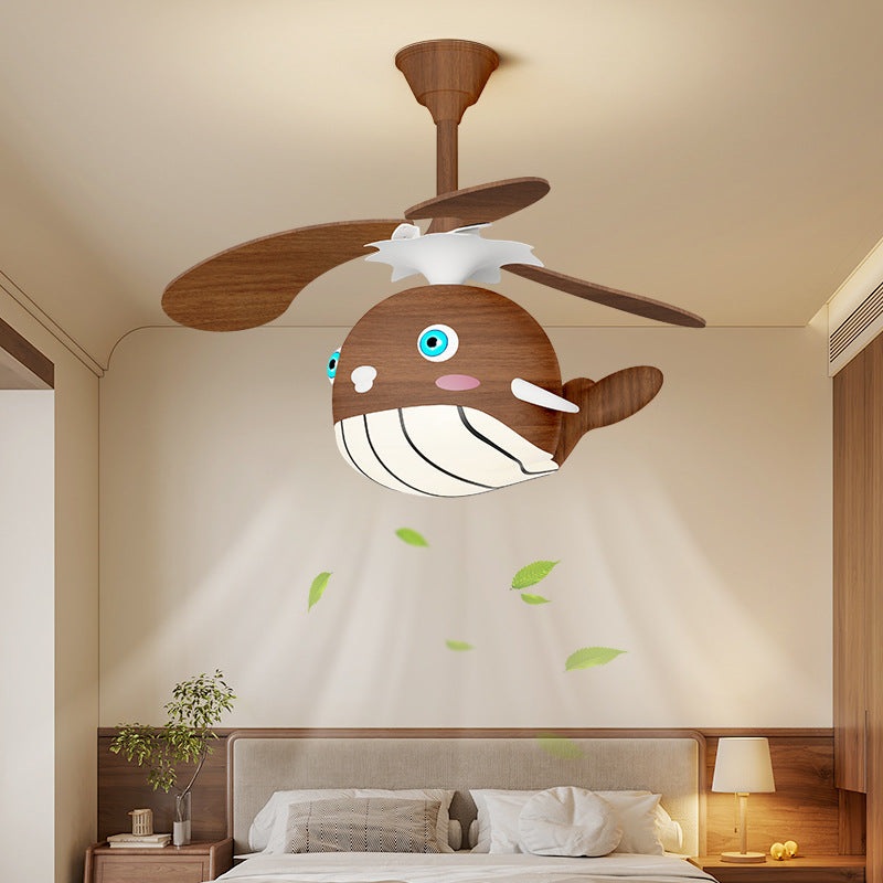 Contemporary Creative Kids Whale Dolphin Iron Wood ABS Acrylic LED Downrods Ceiling Fan Light For Bedroom