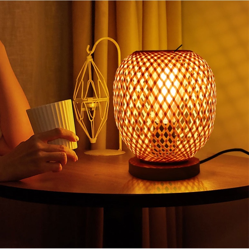 Contemporary Creative Openwork Round Bamboo Wood 1-Light Table Lamp For Living Room