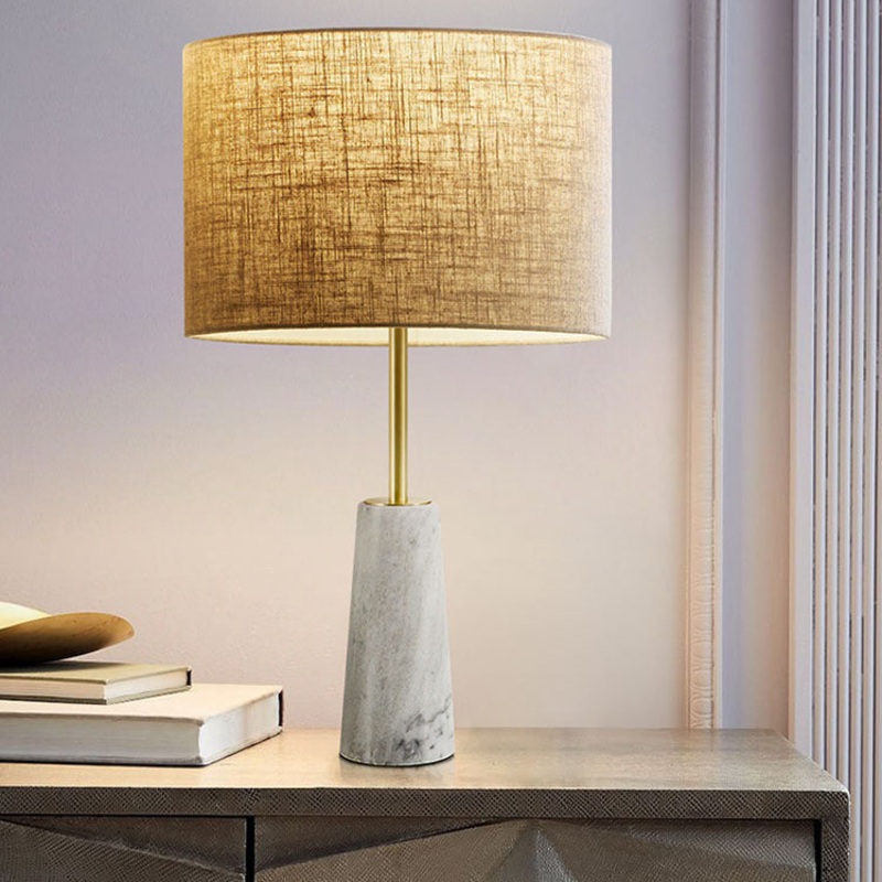 Contemporary Luxury Fabric Cylinder Shade Marble Base 1-Light Table Lamp For Bedroom