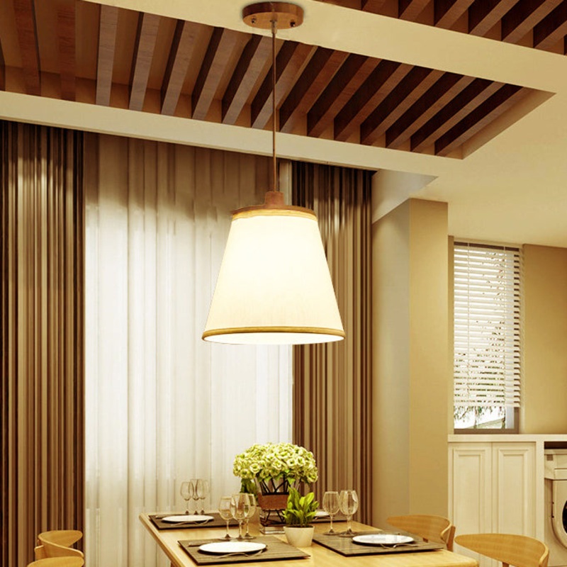 Contemporary Nordic Round Cylinder Wooden Fabric Shade 1-Light Pendant Light For Living Room