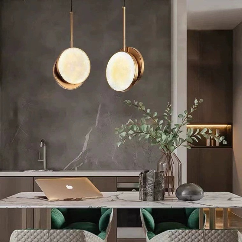 Contemporary Nordic Round Hardware Marble LED Pendant Light For Bedroom