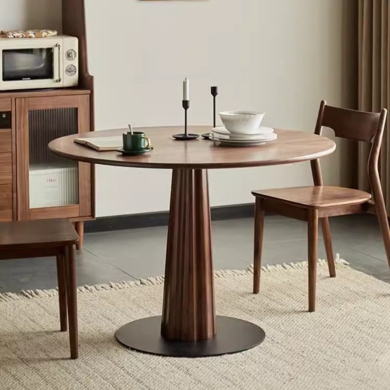 Contemporary Retro Round Column Walnut Oak Cherry Wood Carbon Steel Dining Table For 2/4/6/8/9/11 Seats