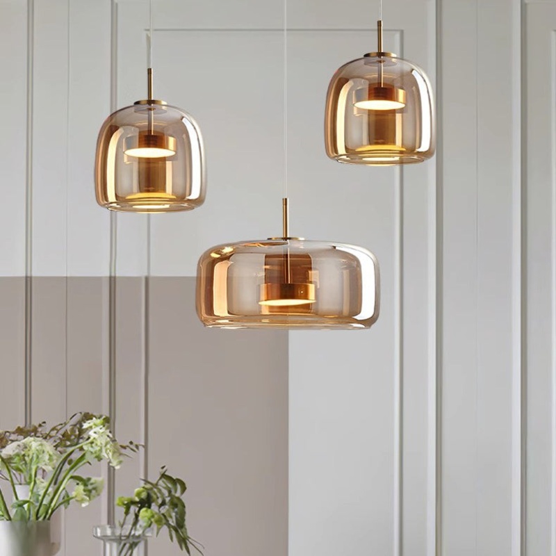 Contemporary Scandinavian Cylinder Copper Glass LED Pendant Light For Living Room