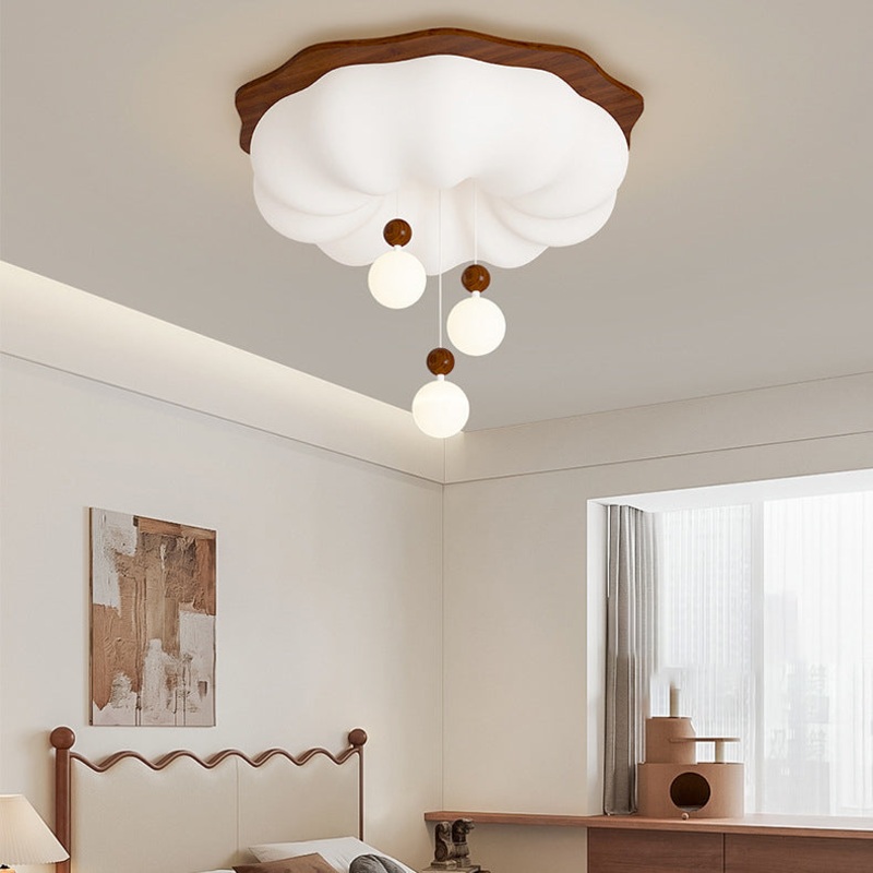 Contemporary Scandinavian Solid Wood PE Cloud Shade LED Flush Mount Ceiling Light For Bedroom