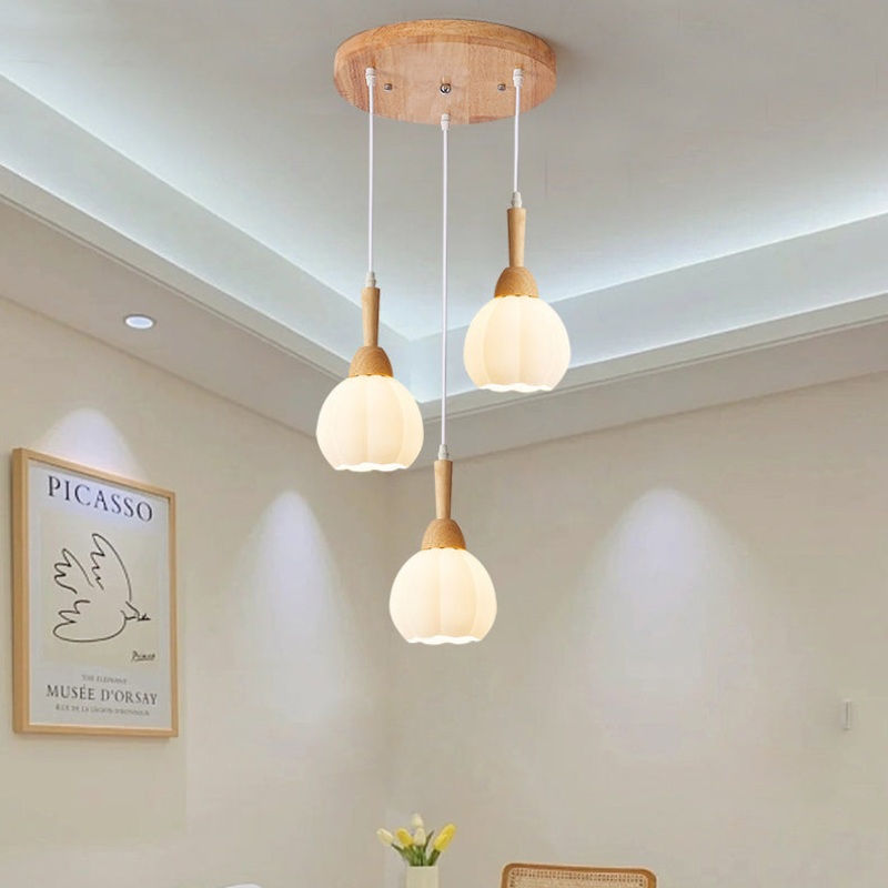 Modern Simplicity Long Plate Round Orb Glass Wood 3-Light Chandelier For Living Room