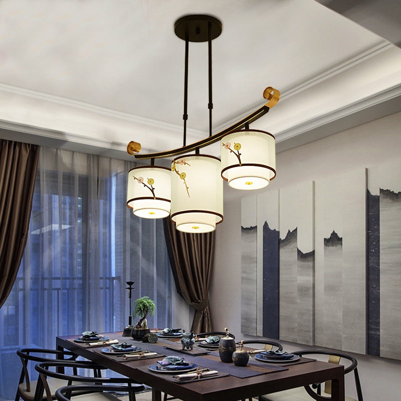 Traditional Chinese Cylinder Pattern Fabric Lampshade Iron 3/4 - Light Chandelier For Dining Room