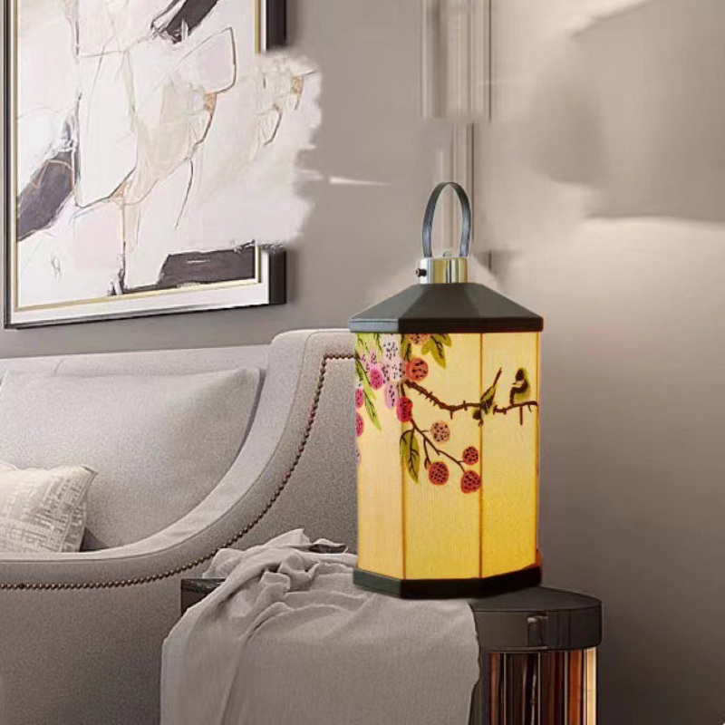 Traditional Chinese Embroidered Fabric Birdcage Shade Hardware USB Rechargeable LED Table Lamp For Living Room