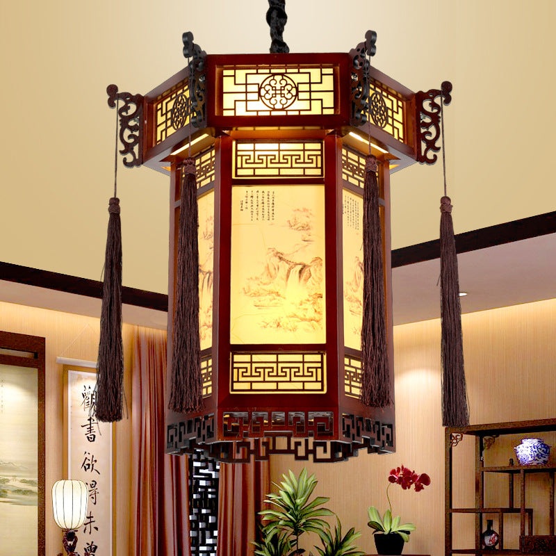 Traditional Chinese Hexagon Wood Paper 1-Light Pendant Light For Living Room