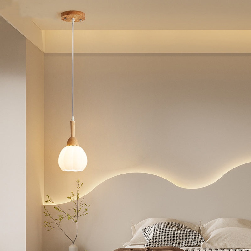 Traditional Japanese Orb Tapered Round Glass Wood 1-Light Pendant Light For Living Room