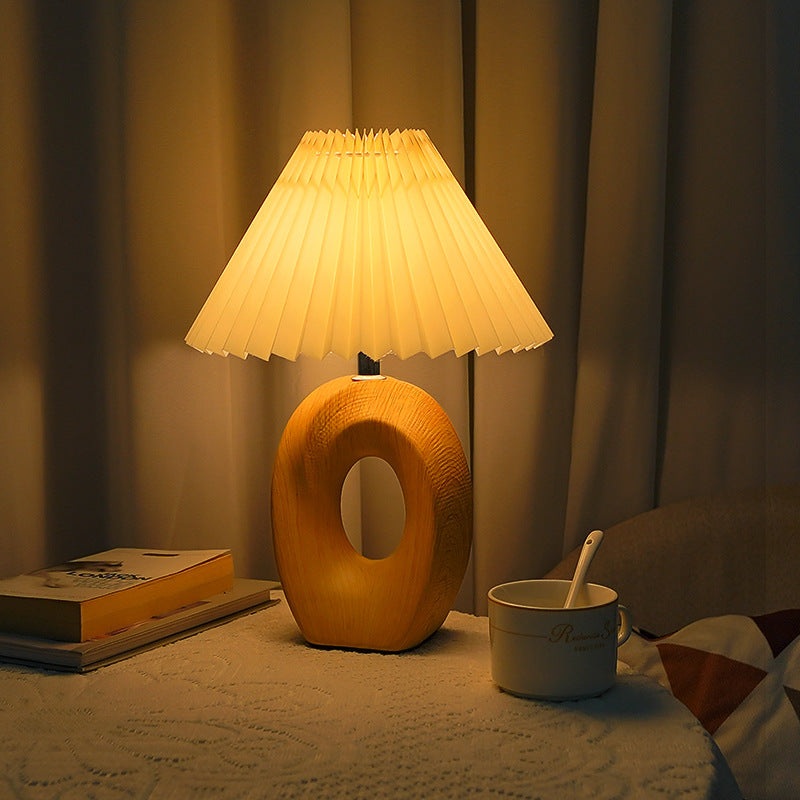 Traditional Japanese Pleated Fabric Shade Wood Grain Ceramic Base USB Rechargeable LED Table Lamp For Bedside