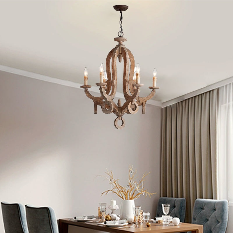 Traditional Rustic Candlestick Wood Glass 6-Light Chandeliers For Living Room