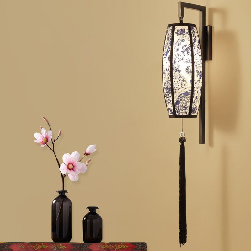 Chinese Vintage Painted Fabric Lantern Tassel 1-Light Wall Sconce Lamp