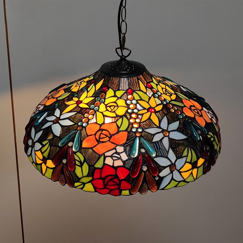 European Style Tiffany Dome Stained Glass Dragonfly Flower 2-Light Chandelier