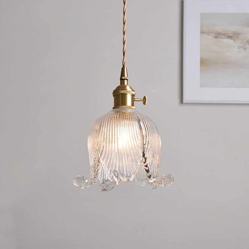 Vintage Nordic Brass Glass Bell Flower 1-Light Pendant Light